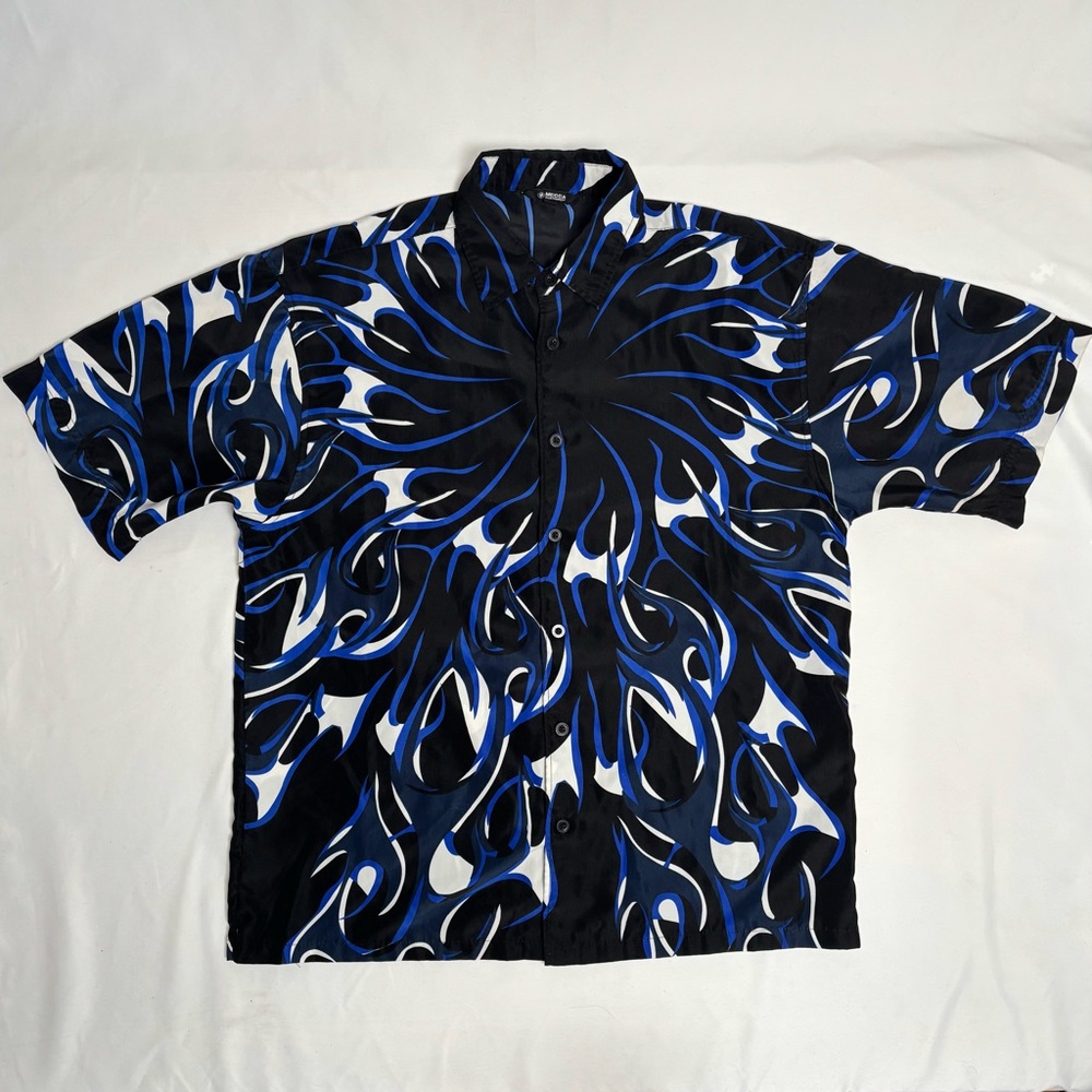 VTG Y2K Mecca Black Blue Flames Button Up Short Sleeve Fire Hiphop Size XL Shirt